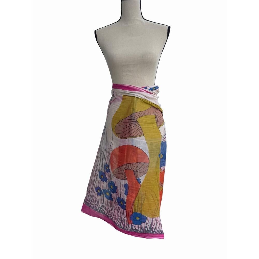 Vintage Mushroom Floral Scarf Psychedelic Boho Cottagecore Wrap Cover Up 70s - Picture 5 of 5